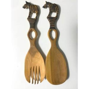 Olivewood Salad Servers - Zebra