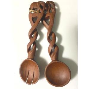 Olivewood Salad Servers Twisted Handle with Carved Elephants