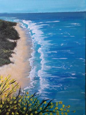 View of beach from flower bank