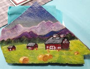 SLATE Three barns by purple mountains